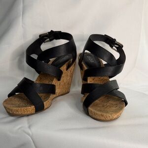 Diba Black Cork Wedge Sandals with Cross Straps